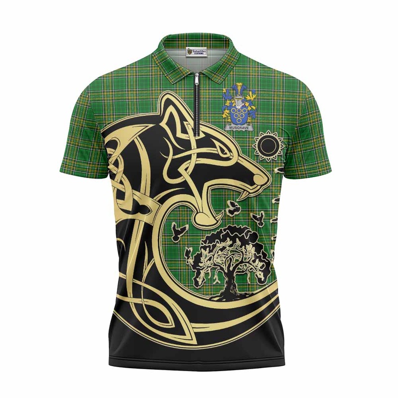 Musgrave Irish Tartan Zipper Polo Shirt with Coat of Arms Celtic Wolf Style