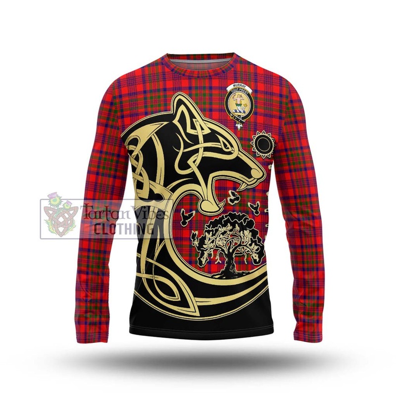 Murray of Tulloch Modern Tartan Long Sleeve T-Shirt with Family Crest Celtic Wolf Style