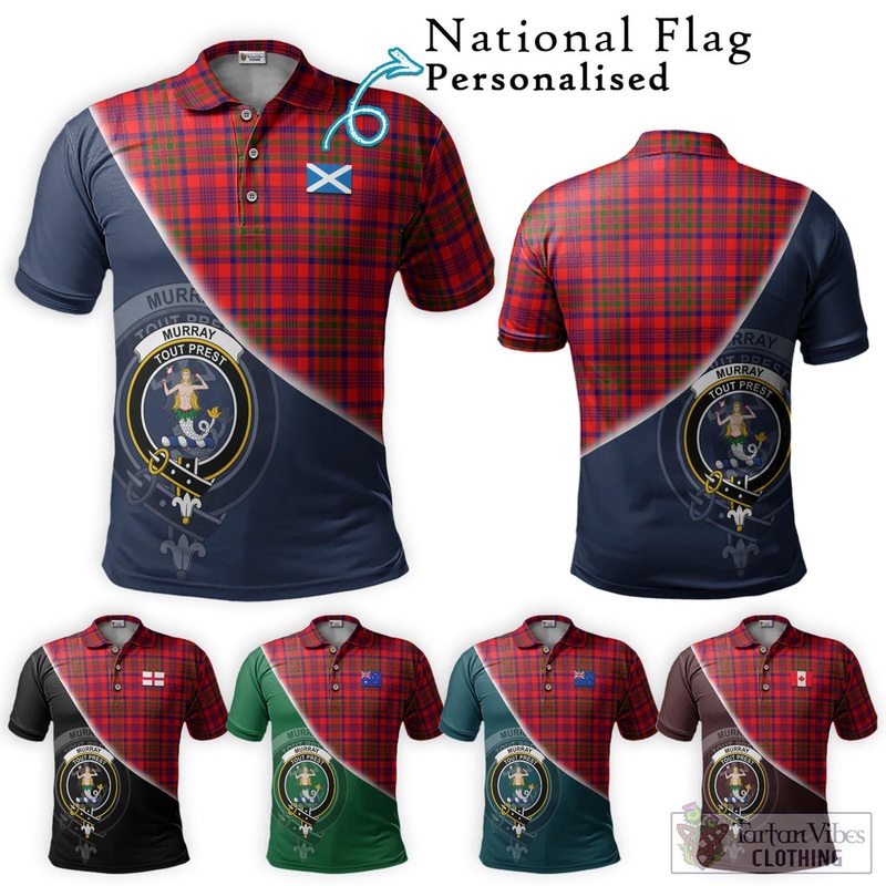 Murray of Tulloch Modern Tartan Polo Shirt with Personalised National Flag and Family Crest Half Style