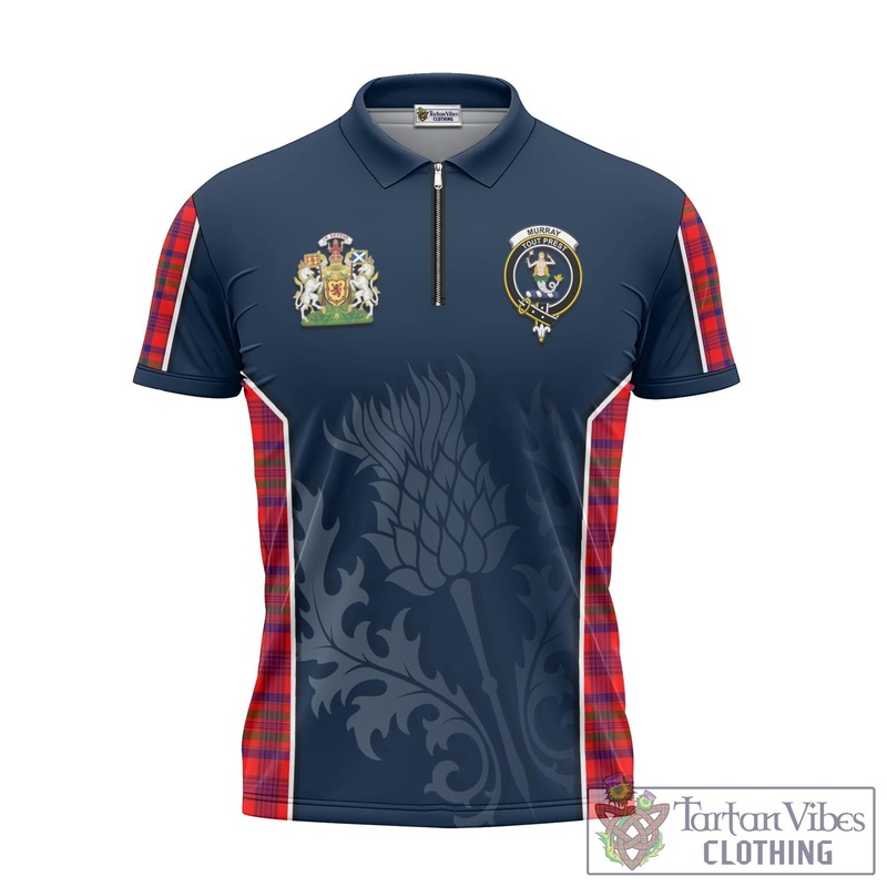Murray of Tulloch Modern Tartan Zipper Polo Shirt with Family Crest and Scottish Thistle Vibes Sport Style