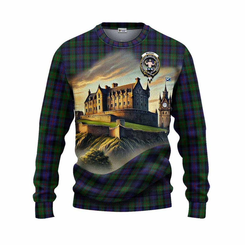 Murray Tartan Family Crest Knitted Sweater with Scottish Ancient Castle Style