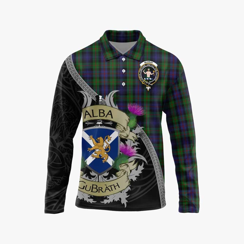 Murray Tartan Family Crest Long Sleeve Polo Shirt Lion Rampant Royal Thistle Shield Celtic Inspired