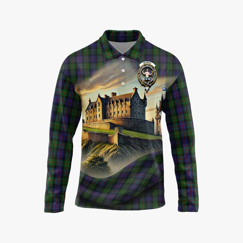 Murray Tartan Family Crest Long Sleeve Polo Shirt with Scottish Ancient Castle Style