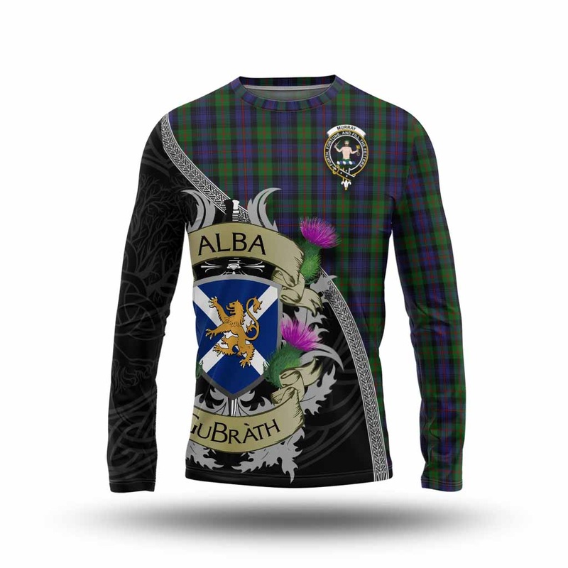 Murray Tartan Family Crest Long Sleeve T-Shirt Lion Rampant Royal Thistle Shield Celtic Inspired