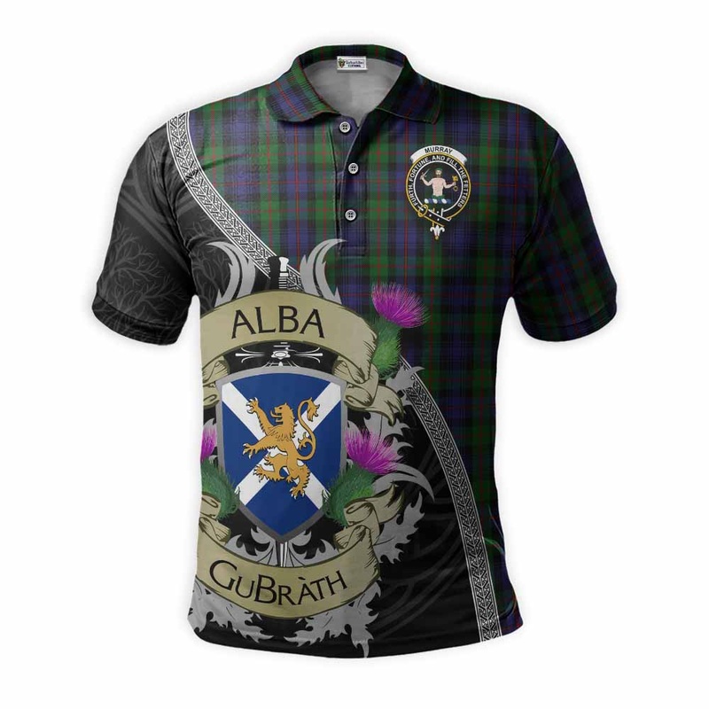 Murray Tartan Family Crest Polo Shirt Lion Rampant Royal Thistle Shield Celtic Inspired