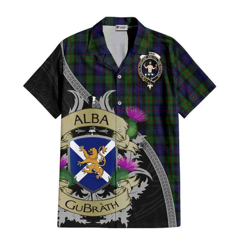 Murray Tartan Family Crest Short Sleeve Button Shirt Lion Rampant Royal Thistle Shield Celtic Inspired