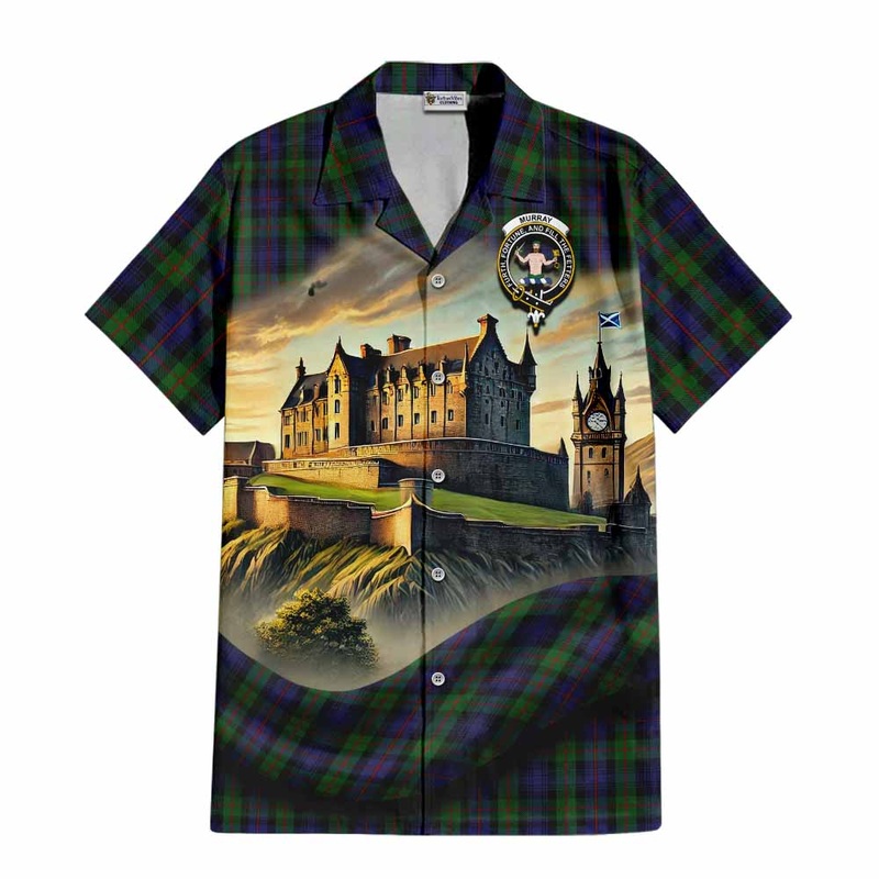 Murray Tartan Family Crest Short Sleeve Button Shirt with Scottish Ancient Castle Style