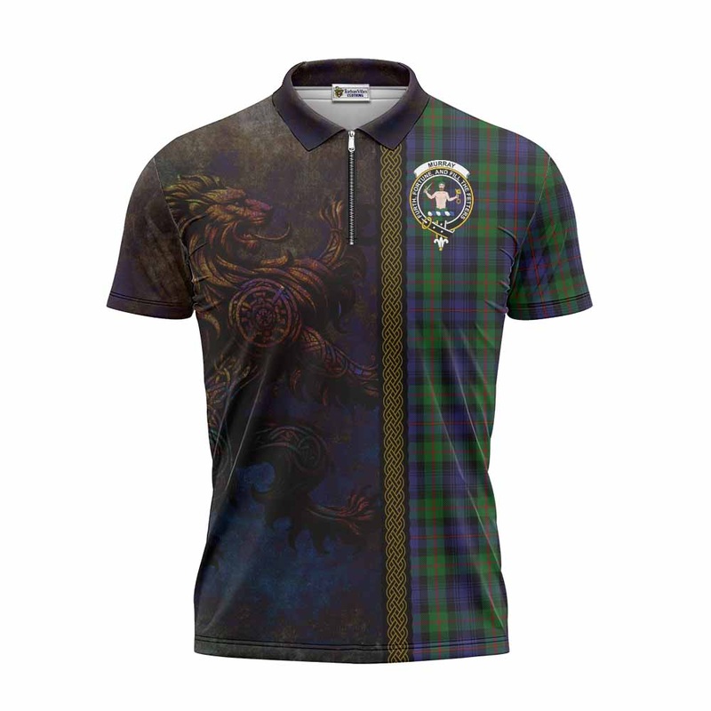 Murray Tartan Family Crest Zipper Polo Shirt Alba Gu Brath Be Brave Lion Ancient Style