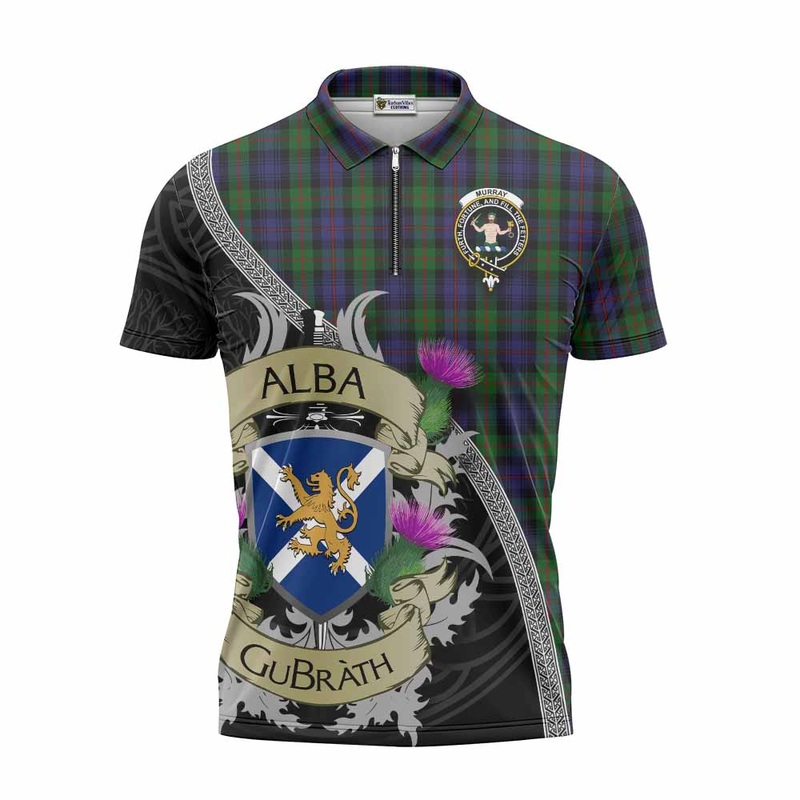 Murray Tartan Family Crest Zipper Polo Shirt Lion Rampant Royal Thistle Shield Celtic Inspired