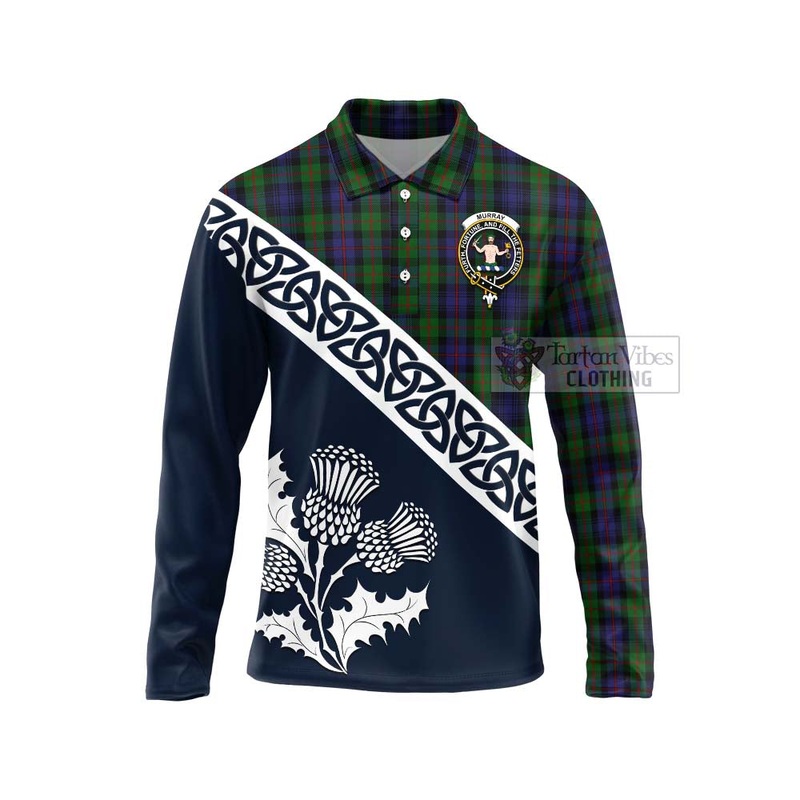 Murray Tartan Long Sleeve Polo Shirt Featuring Thistle and Scotland Map