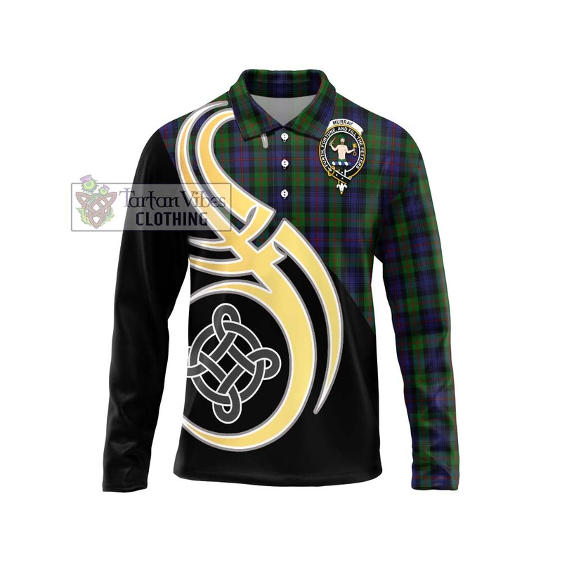 Murray Tartan Long Sleeve Polo Shirt with Family Crest and Celtic Symbol Style