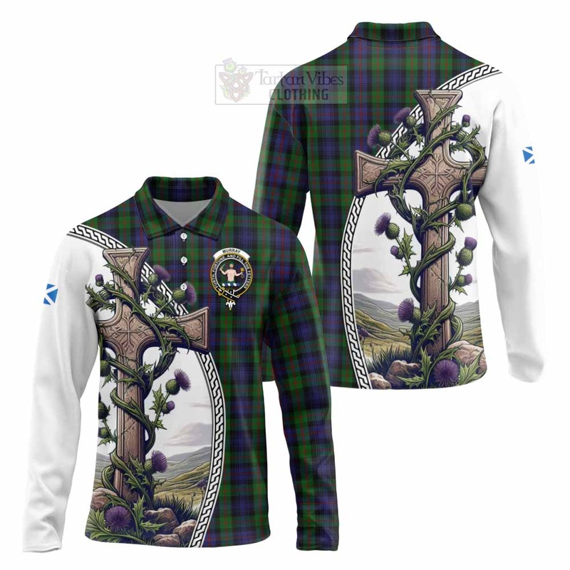 Murray Tartan Long Sleeve Polo Shirt with Family Crest and St. Andrew's Cross Accented by Thistle Vines