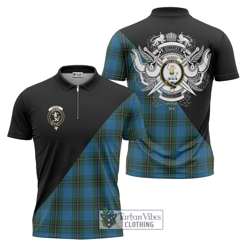Murray of Elibank Tartan Zipper Polo Shirt with Family Crest and Military Logo Style