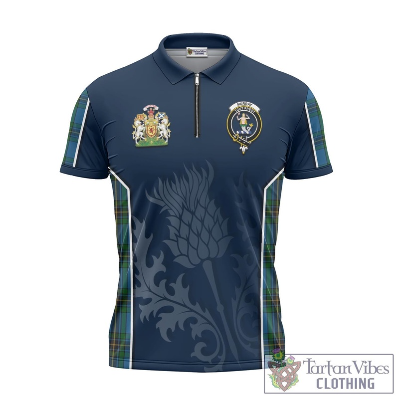 Murray of Elibank Tartan Zipper Polo Shirt with Family Crest and Scottish Thistle Vibes Sport Style