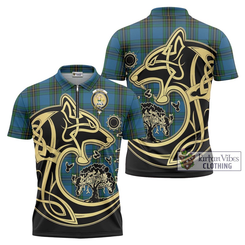 Murray of Elibank Tartan Zipper Polo Shirt with Family Crest Celtic Wolf Style