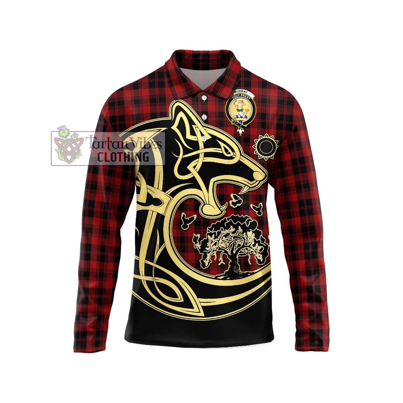 Murray of Ochtertyre Tartan Long Sleeve Polo Shirt with Family Crest Celtic Wolf Style