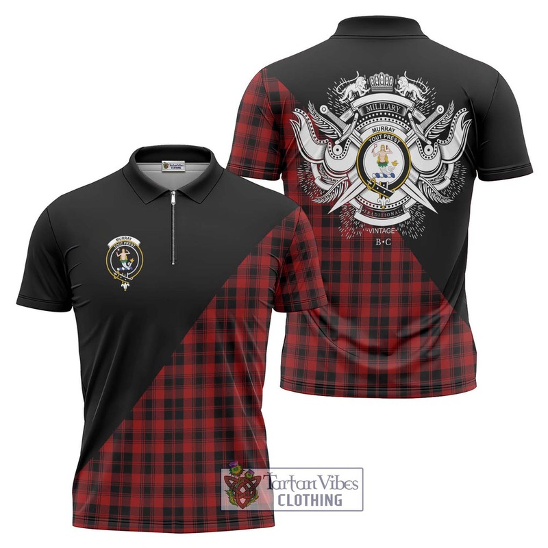 Murray of Ochtertyre Tartan Zipper Polo Shirt with Family Crest and Military Logo Style