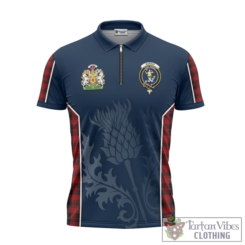 Murray of Ochtertyre Tartan Zipper Polo Shirt with Family Crest and Scottish Thistle Vibes Sport Style