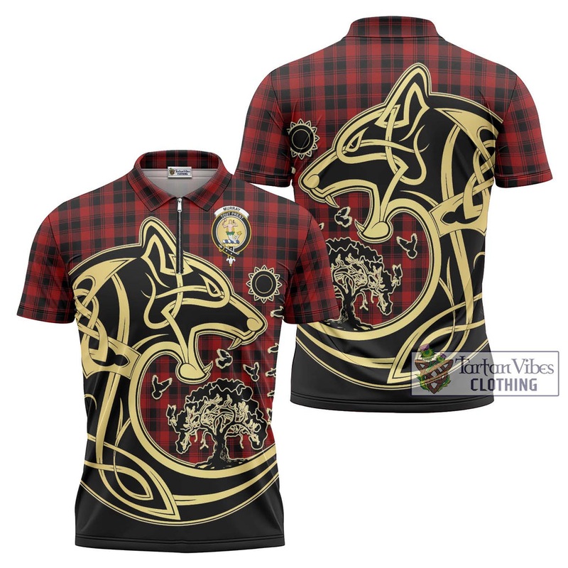 Murray of Ochtertyre Tartan Zipper Polo Shirt with Family Crest Celtic Wolf Style