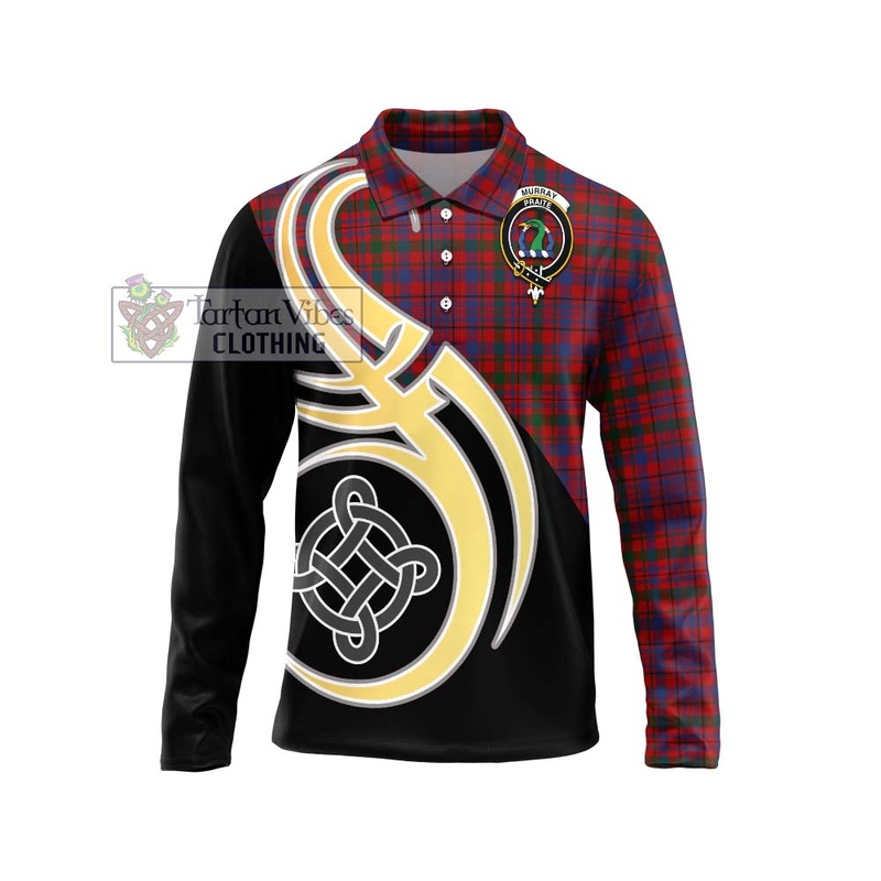 Murray of Tullibardine Tartan Long Sleeve Polo Shirt with Family Crest and Celtic Symbol Style