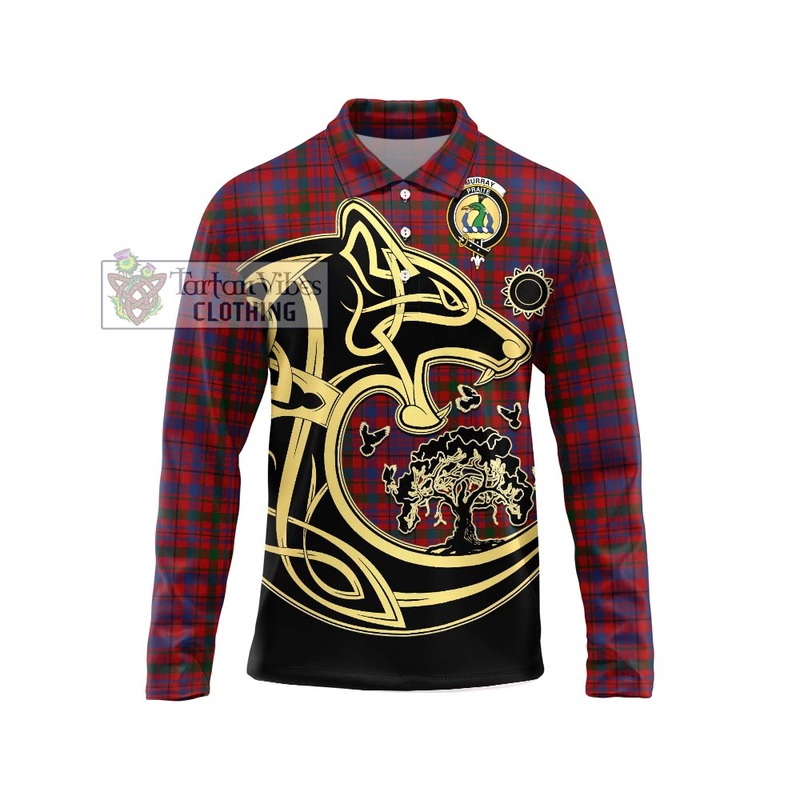 Murray of Tullibardine Tartan Long Sleeve Polo Shirt with Family Crest Celtic Wolf Style
