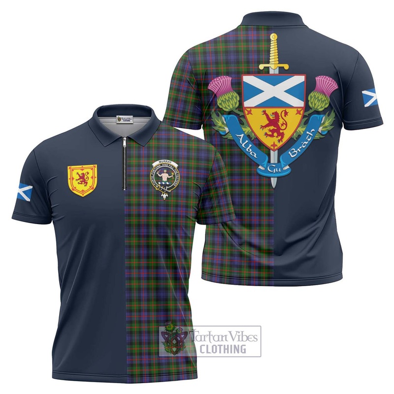 Murray of Atholl Modern Tartan Zipper Polo Shirt Alba with Scottish Lion Royal Arm Half Style