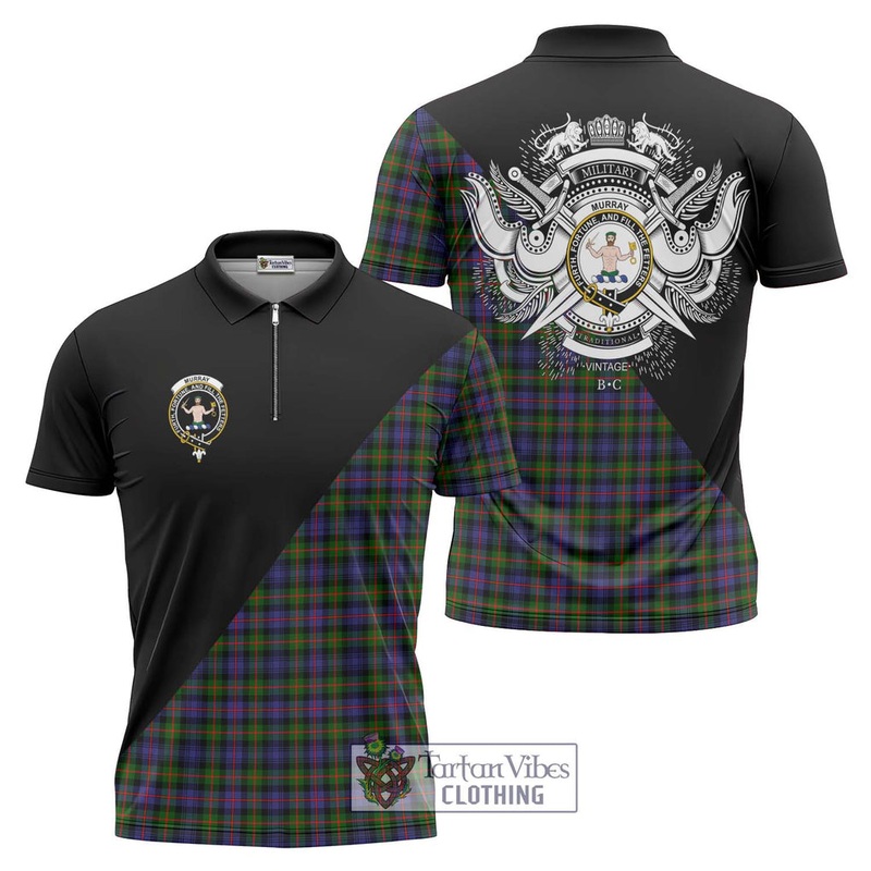 Murray of Atholl Modern Tartan Zipper Polo Shirt with Family Crest and Military Logo Style