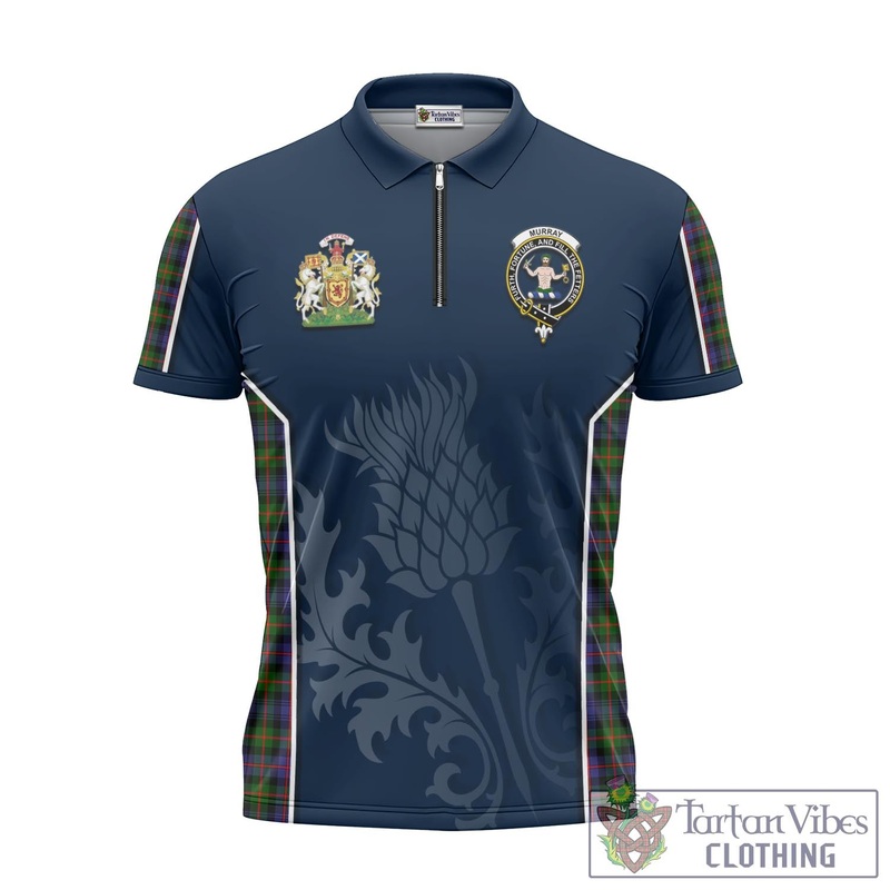 Murray of Atholl Modern Tartan Zipper Polo Shirt with Family Crest and Scottish Thistle Vibes Sport Style