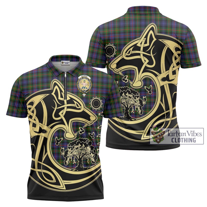 Murray of Atholl Modern Tartan Zipper Polo Shirt with Family Crest Celtic Wolf Style