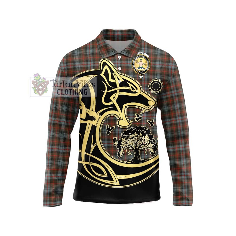 Murray of Atholl Weathered Tartan Long Sleeve Polo Shirt with Family Crest Celtic Wolf Style