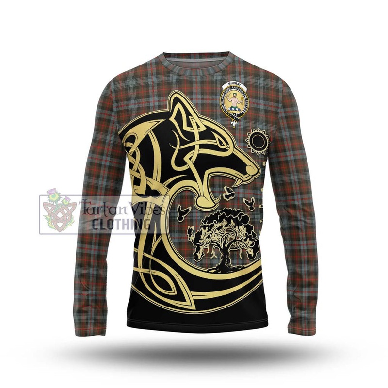 Murray of Atholl Weathered Tartan Long Sleeve T-Shirt with Family Crest Celtic Wolf Style
