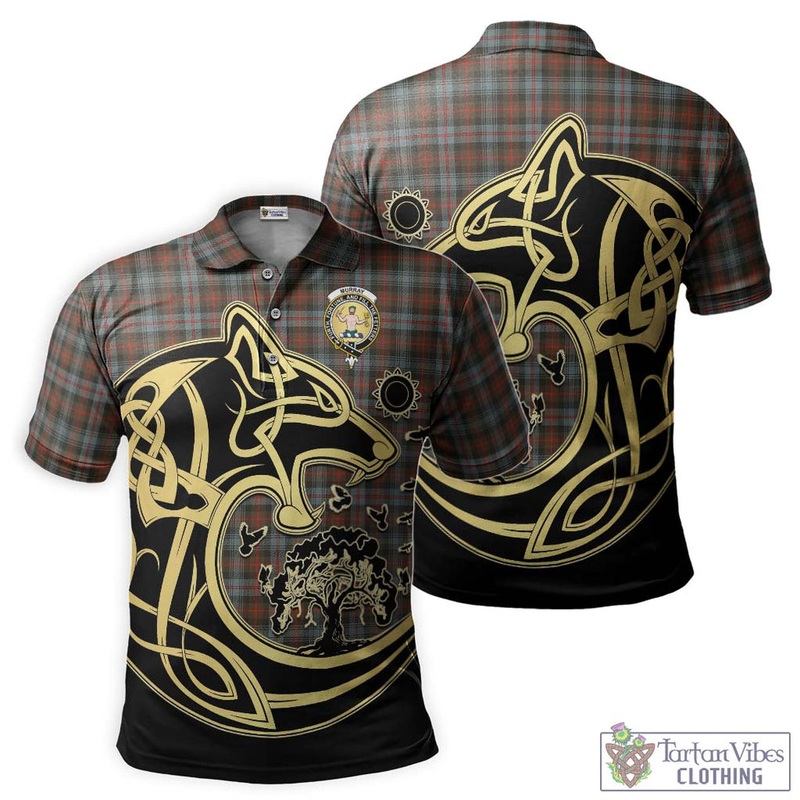 Murray of Atholl Weathered Tartan Polo Shirt with Family Crest Celtic Wolf Style