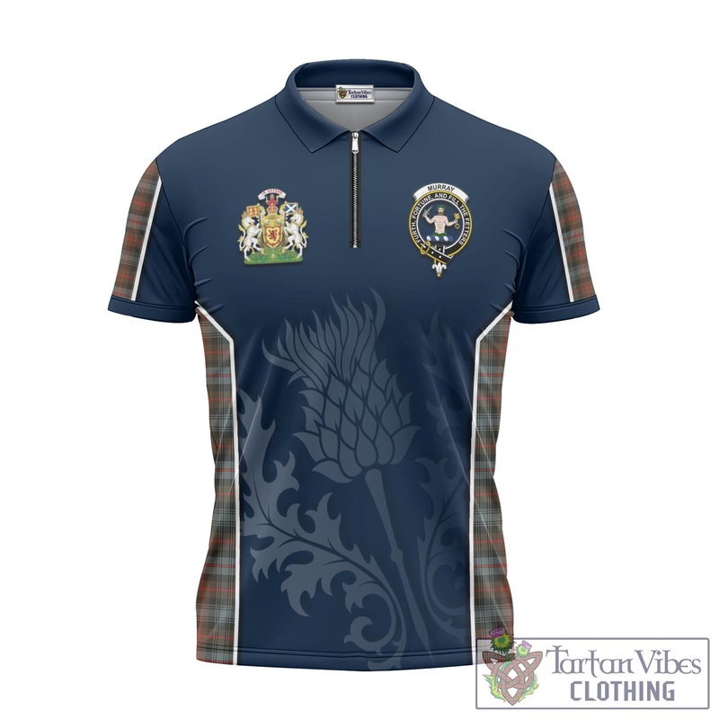 Murray of Atholl Weathered Tartan Zipper Polo Shirt with Family Crest and Scottish Thistle Vibes Sport Style