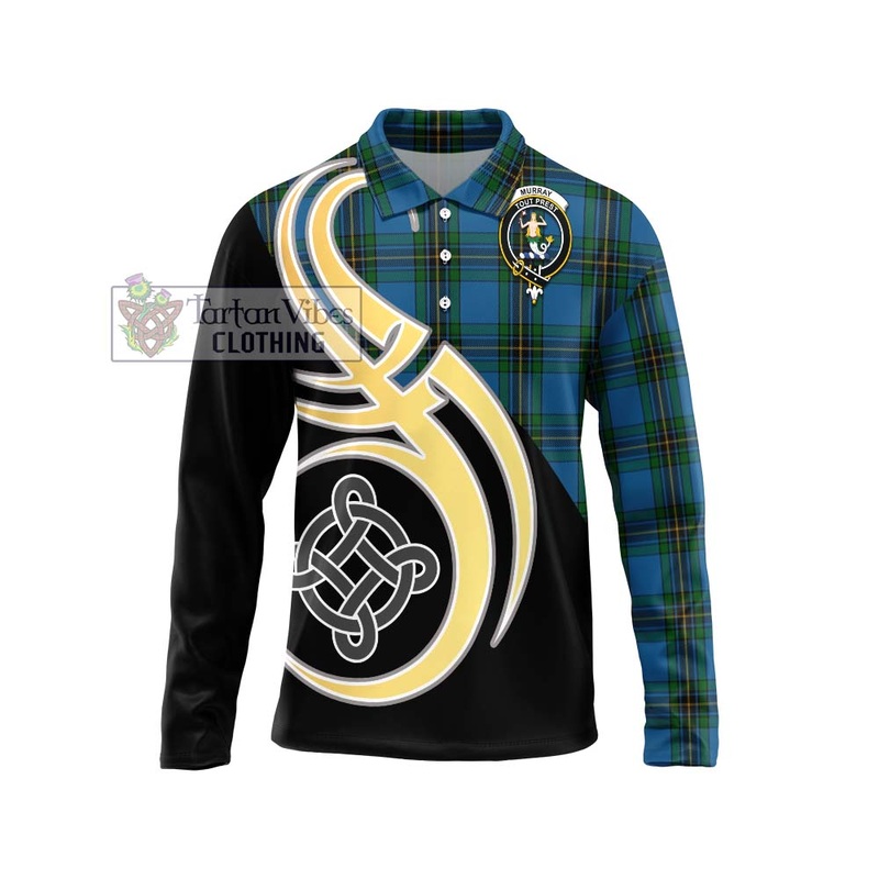 Murray of Elibank Tartan Long Sleeve Polo Shirt with Family Crest and Celtic Symbol Style