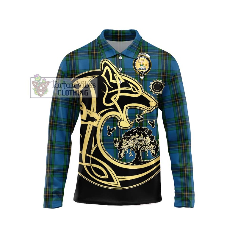 Murray of Elibank Tartan Long Sleeve Polo Shirt with Family Crest Celtic Wolf Style
