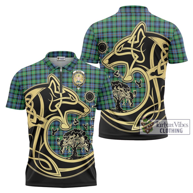 Murray of Atholl Ancient Tartan Zipper Polo Shirt with Family Crest Celtic Wolf Style