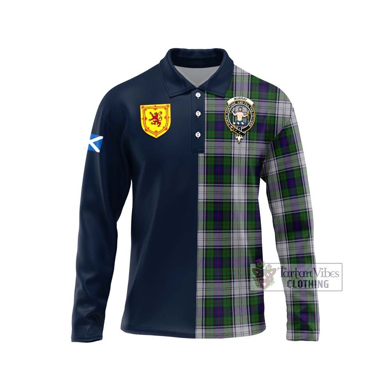 Murray of Atholl Dress Tartan Long Sleeve Polo Shirt Alba with Scottish Lion Royal Arm Half Style