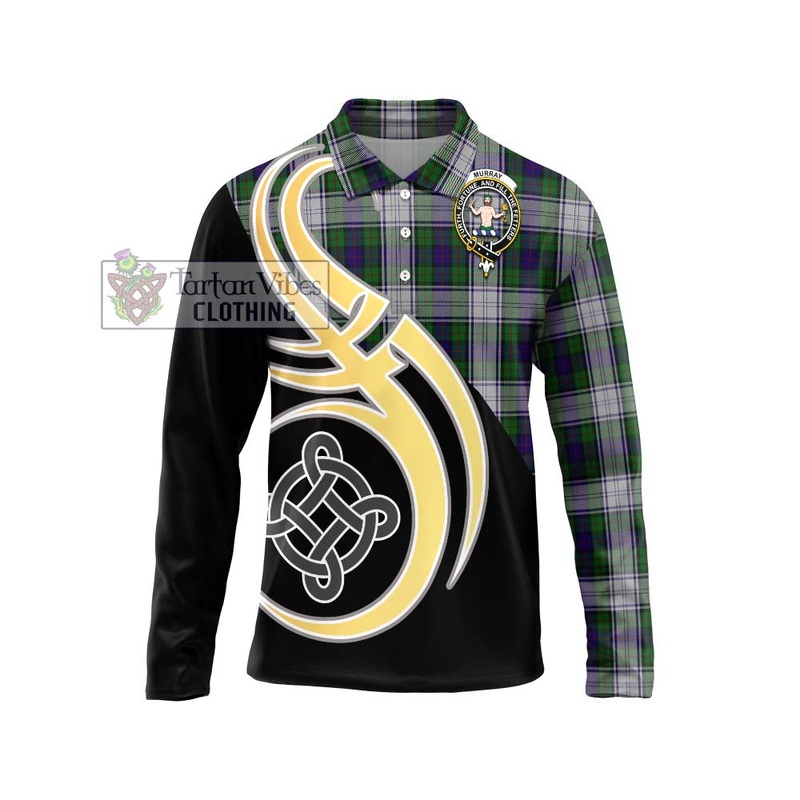 Murray of Atholl Dress Tartan Long Sleeve Polo Shirt with Family Crest and Celtic Symbol Style