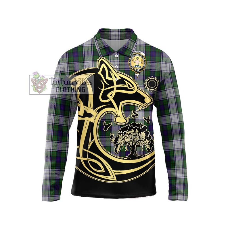 Murray of Atholl Dress Tartan Long Sleeve Polo Shirt with Family Crest Celtic Wolf Style