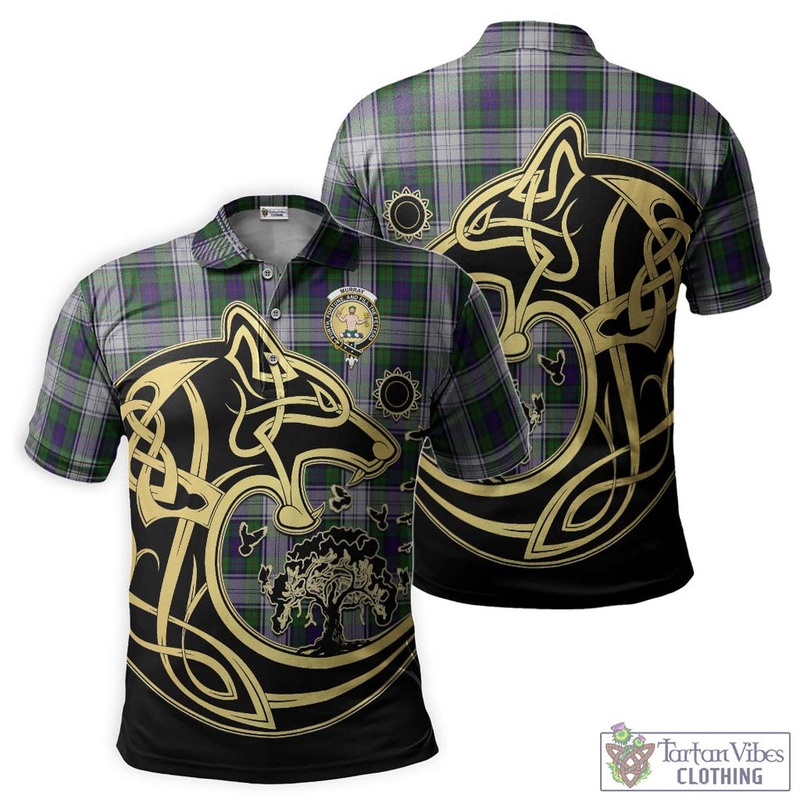 Murray of Atholl Dress Tartan Polo Shirt with Family Crest Celtic Wolf Style
