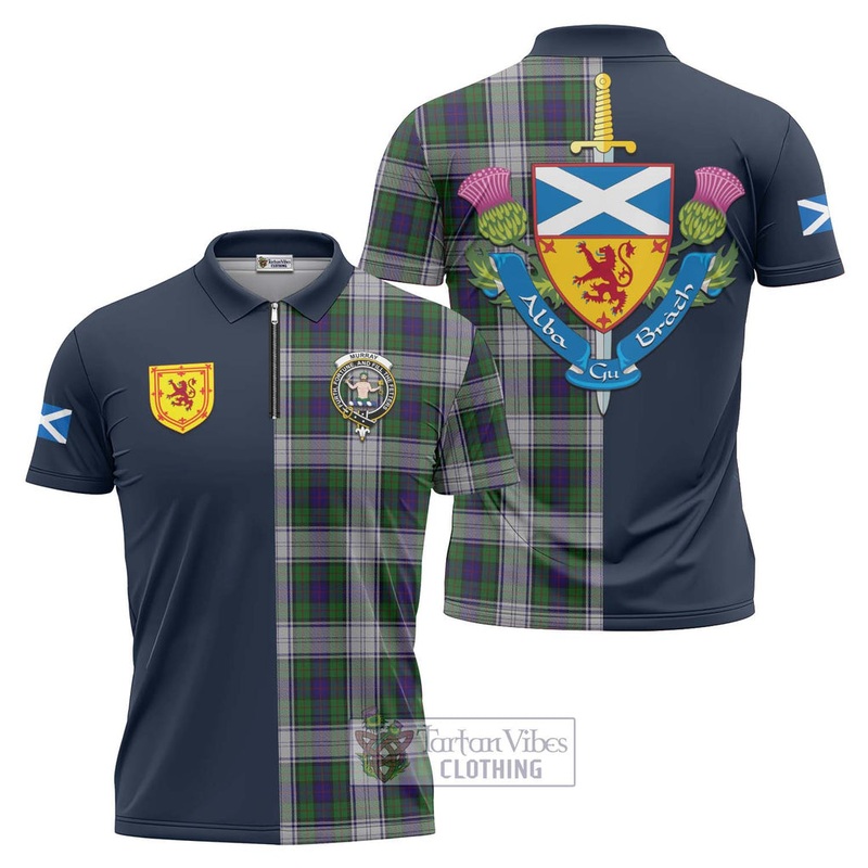 Murray of Atholl Dress Tartan Zipper Polo Shirt Alba with Scottish Lion Royal Arm Half Style