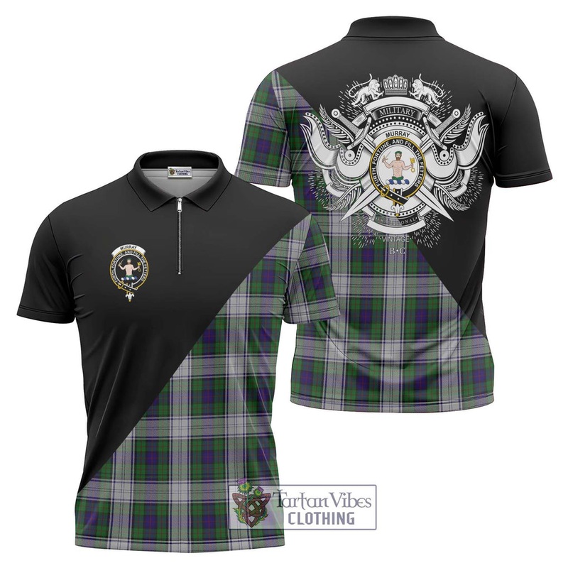 Murray of Atholl Dress Tartan Zipper Polo Shirt with Family Crest and Military Logo Style
