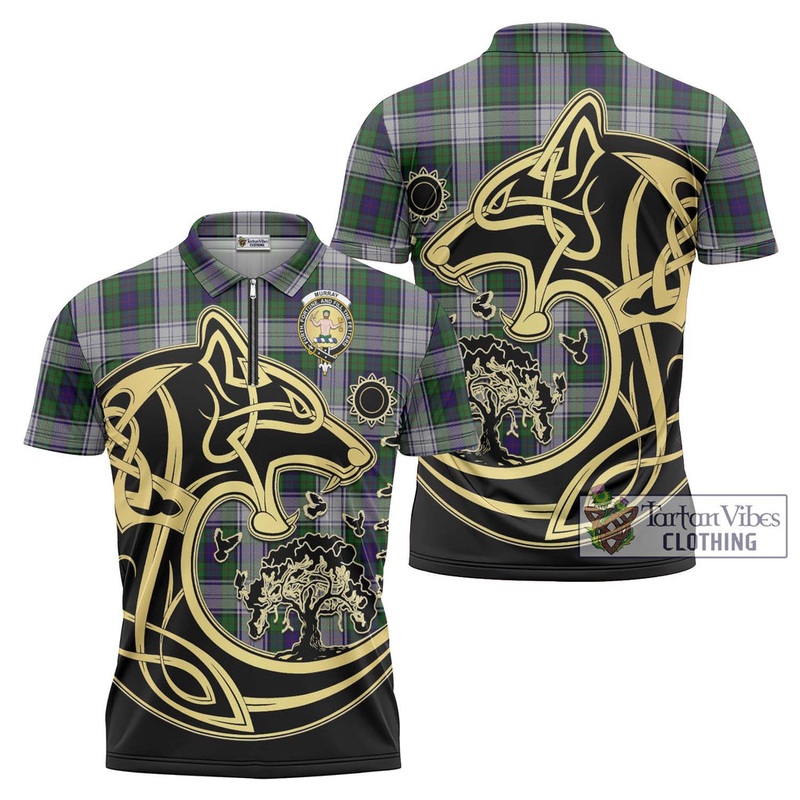 Murray of Atholl Dress Tartan Zipper Polo Shirt with Family Crest Celtic Wolf Style