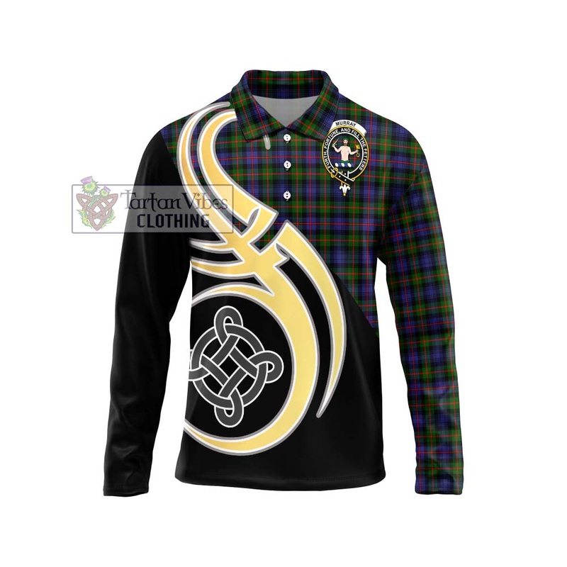 Murray of Atholl Modern Tartan Long Sleeve Polo Shirt with Family Crest and Celtic Symbol Style