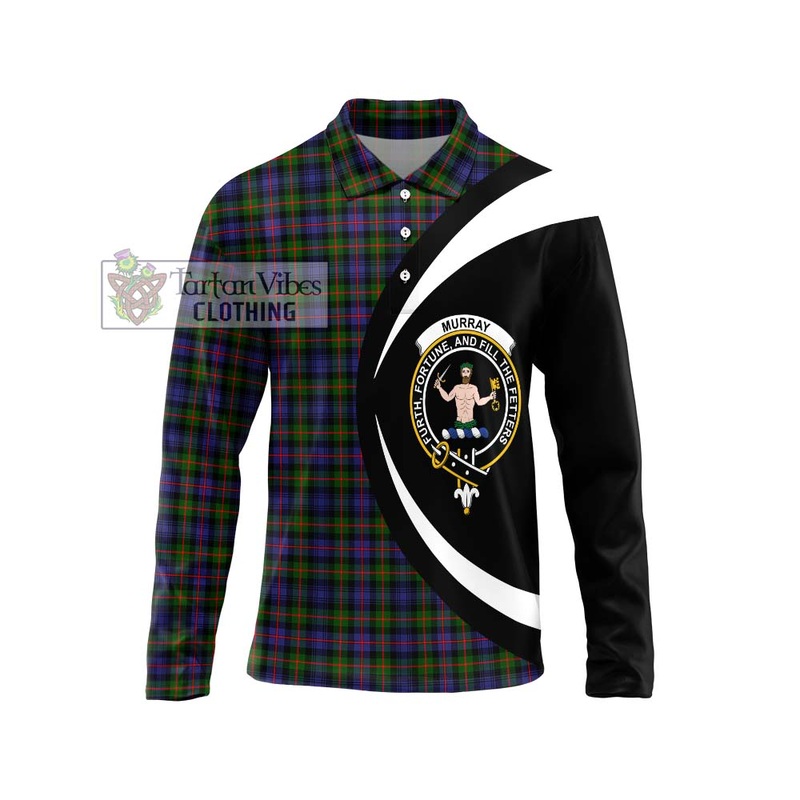 Murray of Atholl Modern Tartan Long Sleeve Polo Shirt with Family Crest Circle Style
