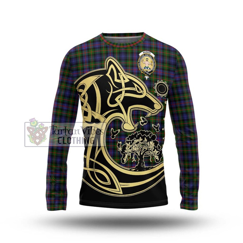 Murray of Atholl Modern Tartan Long Sleeve T-Shirt with Family Crest Celtic Wolf Style
