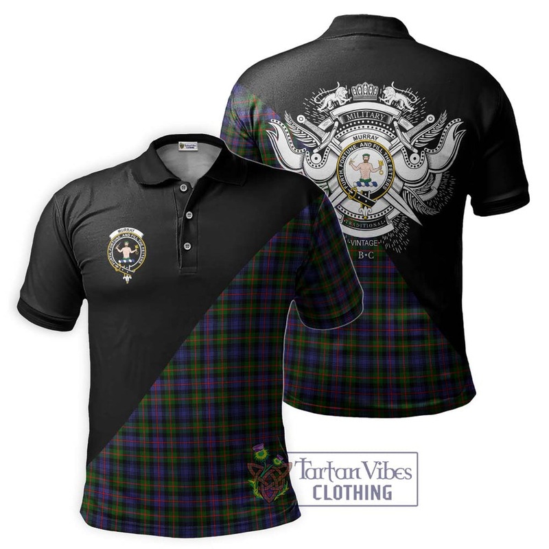 Murray of Atholl Modern Tartan Polo Shirt with Family Crest and Military Logo Style