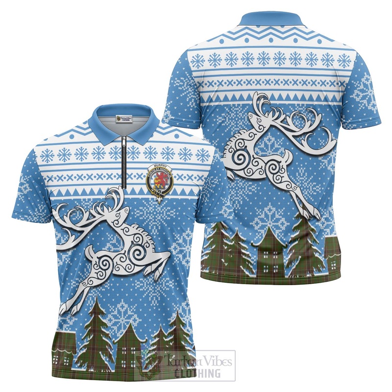 Murphy Clan Christmas Zipper Polo Shirt Celtic Reindeer Style