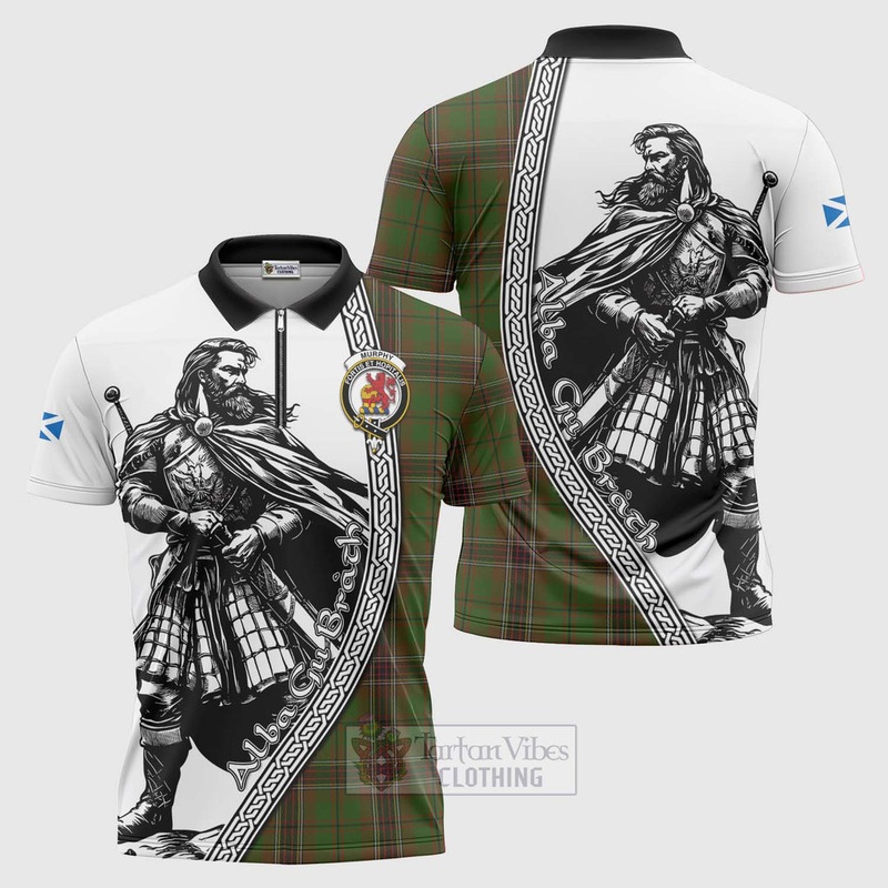 Murphy Tartan Clan Crest Zipper Polo Shirt with Highlander Warrior Celtic Style