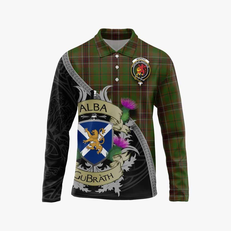 Murphy Tartan Family Crest Long Sleeve Polo Shirt Lion Rampant Royal Thistle Shield Celtic Inspired